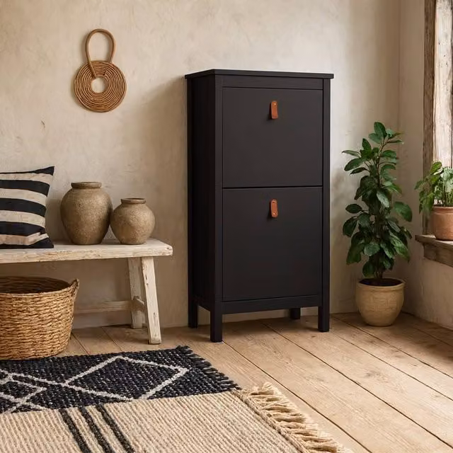 Wyld Haus Wildberry Matt Black Wooden Shoe Cabinet with 2 Tilting Doors