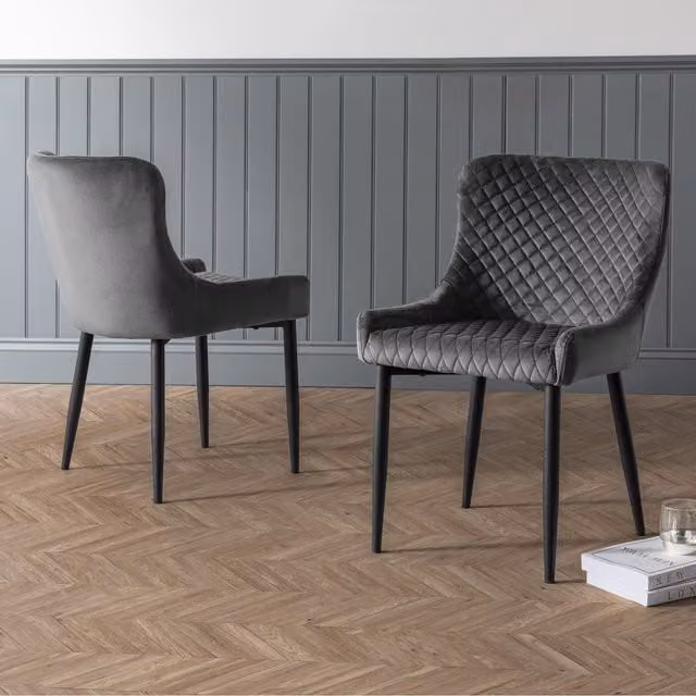 Julian Bowen Set of 2 Modern Grey Velvet Upholstered Dining Chairs with Black Metal Frames