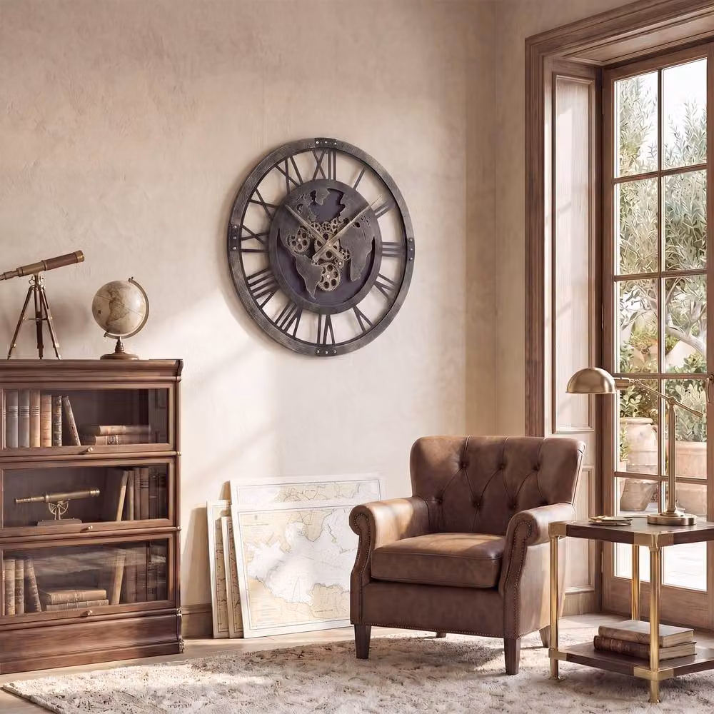 Gymax Vintage World Map Decorative Gear Wall Clock in Brown, Diameter: 68 cm – 8
