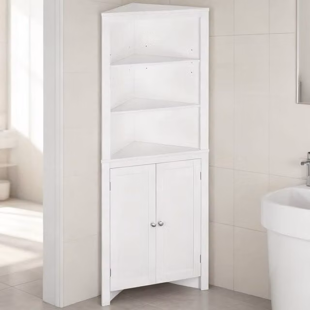 ERGOVEXA White Corner Bathroom Storage Unit with Internal Shelves and Hinged Doors, H: 162 cm, W: 31.5 cm, D: 59.5 cm – 1