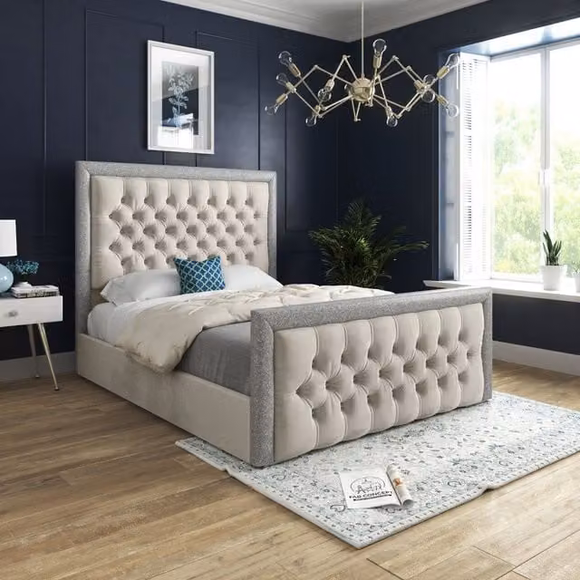 Casani Venice Upholstered Soft Velvet Bed Frame in Cream, W/D/H: 200 x 137 x 189 cm