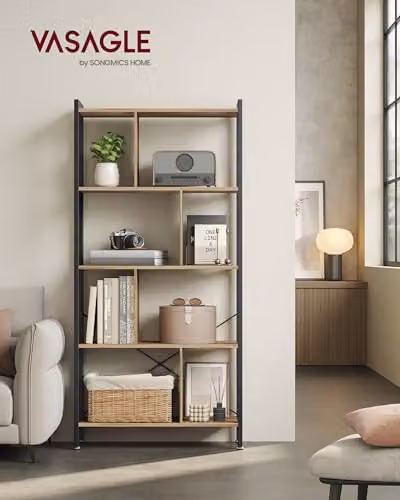 VASAGLE Industrial 5-Tier Large Bookshelf, Freestanding Floor Standing Storage Shelf in Brown and Black, H: 154.5 cm, W: 30 cm, D: 30 cm – 2