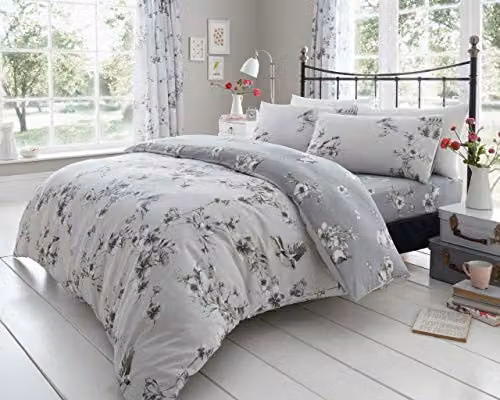 Gaveno Cavailia Double Floral Duvet Cover and Pillowcase Set, Grey Polycotton, 140 x 200 cm