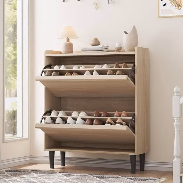 London Boutique Freestanding Wooden Shoe Cabinet with 2 Tilting Drawers in Beige – 1