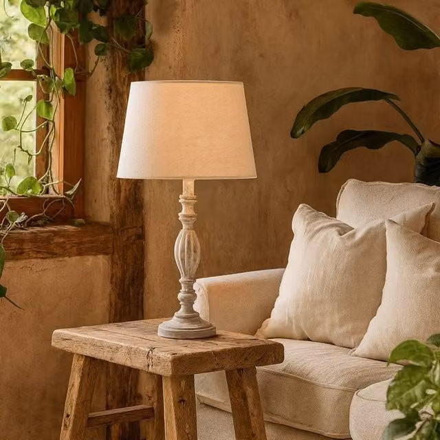 Wyld Haus Milan Distressed Grey Carved Wooden Farmhouse Table Lamp with Beige Linen Shade, Height: 33 cm – 1