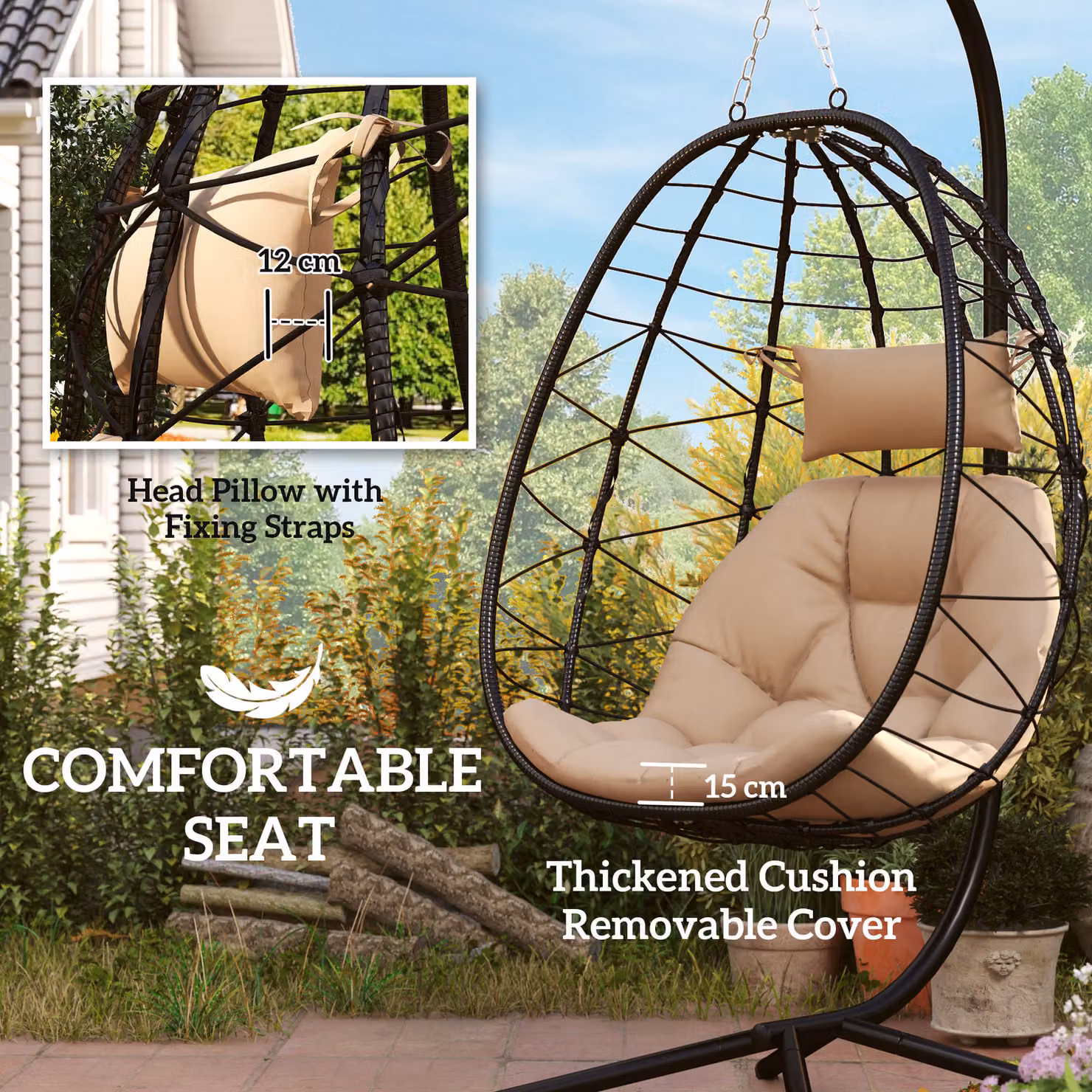 Outsunny Hanging Egg Chair Garden Swing with Stand and Cushions, Beige – 4
