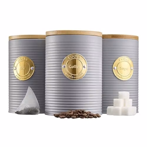 Cooks Professional 3 Piece Ribbed Tea, Coffee and Sugar Canister Set with Airtight Bamboo Lids in Grey and Gold Stainless Steel – 1