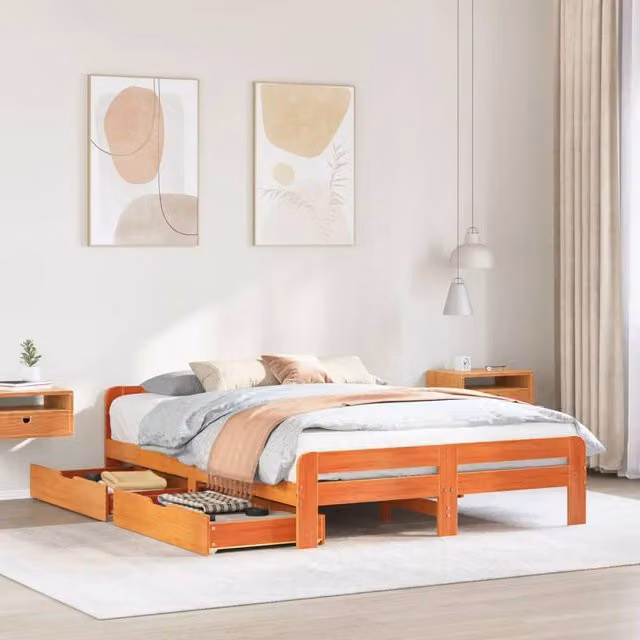 Berkfield Home Wax Brown Solid Wood Pine Bed Frame with Drawers W/D/H: 160 x 200 cm