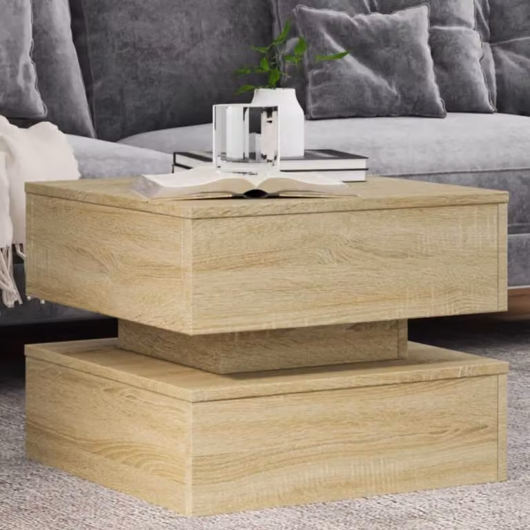 Berkfield Home Modern Square Coffee Table with LED Lights in Sonoma Oak and Beige, W/D/H: 50 x 50 x 40 cm