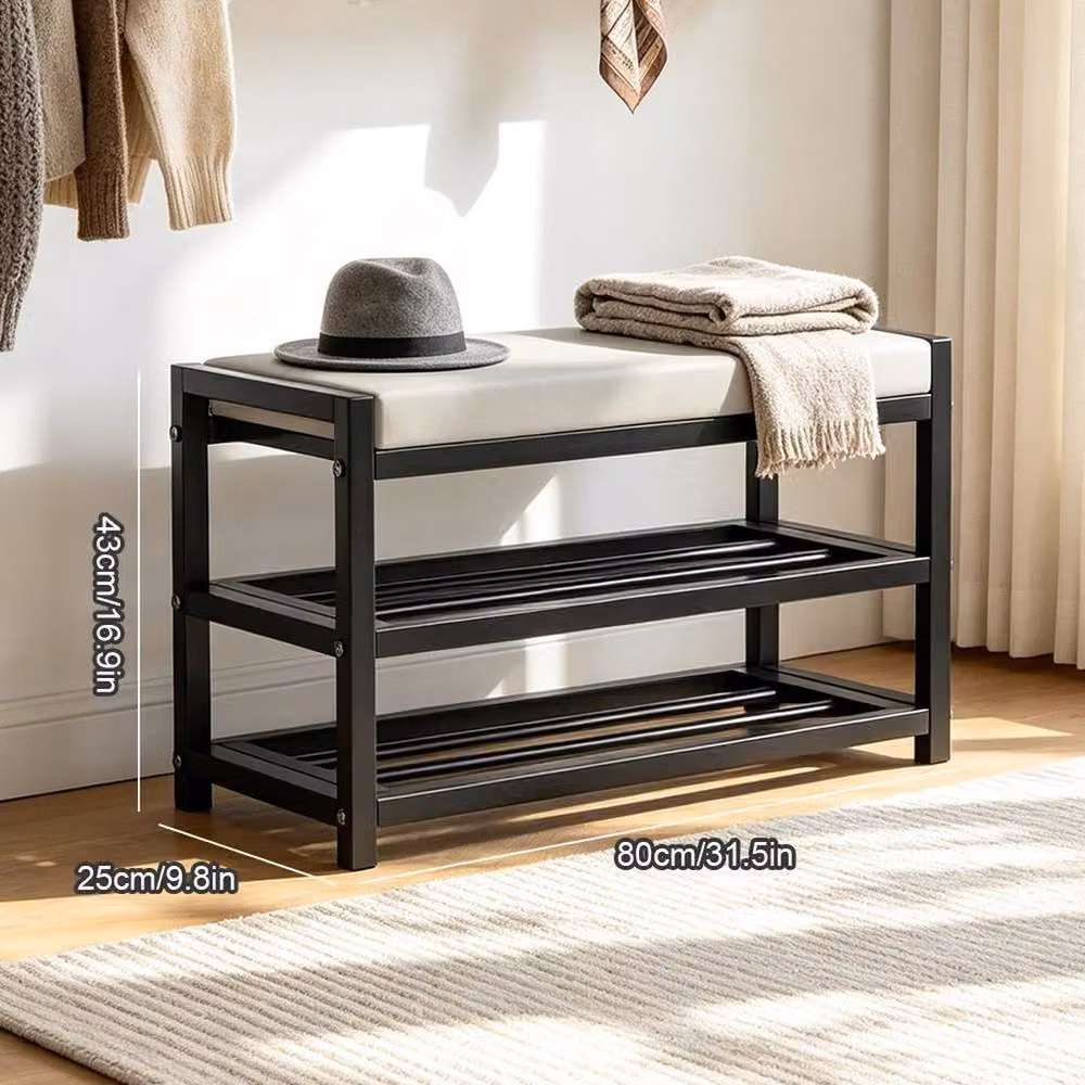 KORVIXA Modern Black Shoe Bench and Storage Rack with PU Leather Seat, W: 90 cm – 2