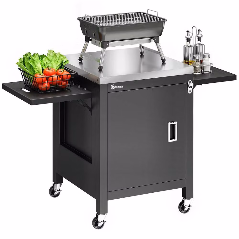OUTSUNNY Black Outdoor Grill Cart with Stainless Steel Prep Surface and Storage Module, W/D/H: 89 x 63 x 68 cm – 2