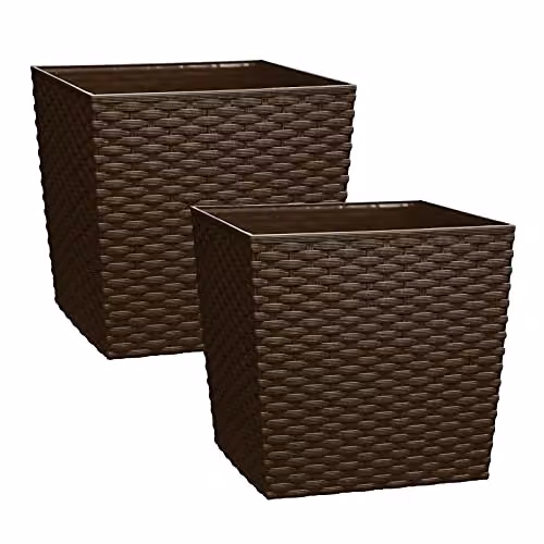 Simpa Cubie Rattan Plastic Planters, Brown, Set of 2 Pots, Diameter: 19 cm
