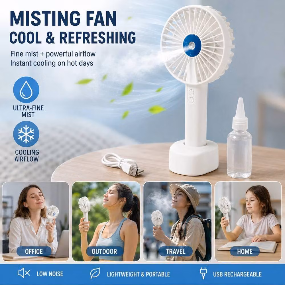 NESTLUNE Mini Handheld USB Rechargeable Fan with 3 Speeds in White – 2