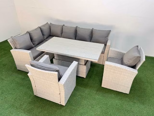 Fimous 8 Seat Garden Furniture Set with Corner Sofa and 2 Armchairs in Light Grey