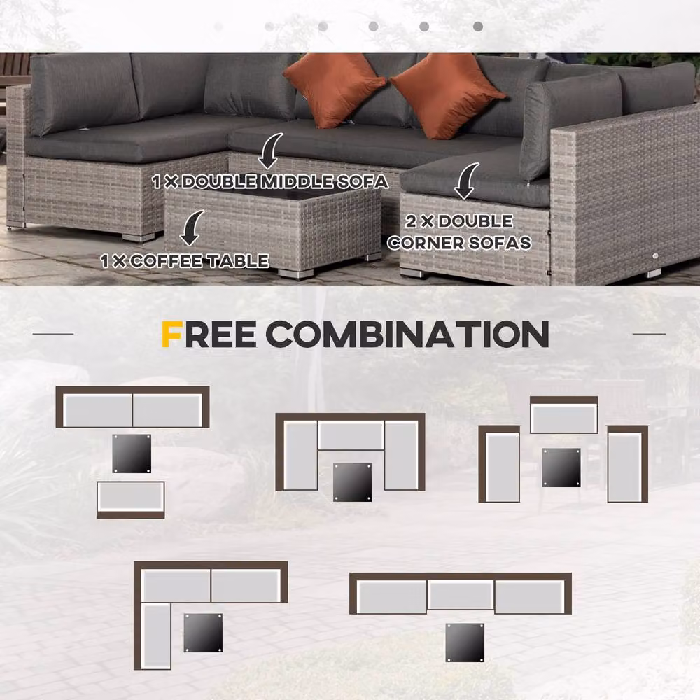 ERGOVEXA 6 Seater Grey Rattan L-Shape Outdoor Sofa Set with Upholstered Cushions and Tempered Glass Coffee Table – 3