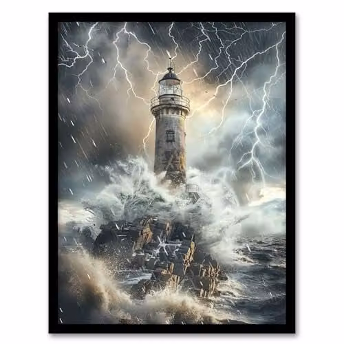 Artery8 Lighthouse Thunderstorm Sea Crushing Waves Framed Wall Art Print, Multicolour, W: 21.0 x H: 29.7 cm – 1