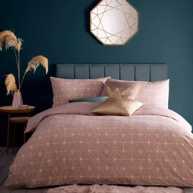 Riva Paoletti Bee Deco Reversible Geometric Duvet Cover and Pillowcase Set in Pink and Gold