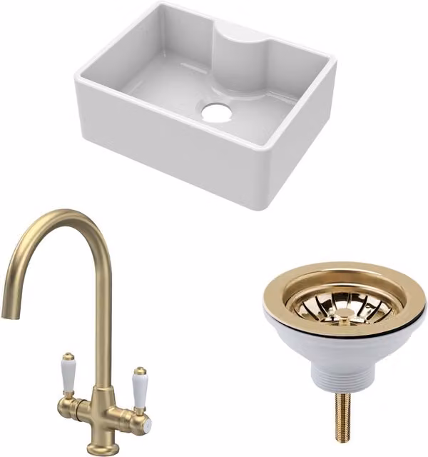 Balterley White Ceramic 1 Bowl Butler Sink with Brushed Brass Waste Tap, Width: 59.5 cm