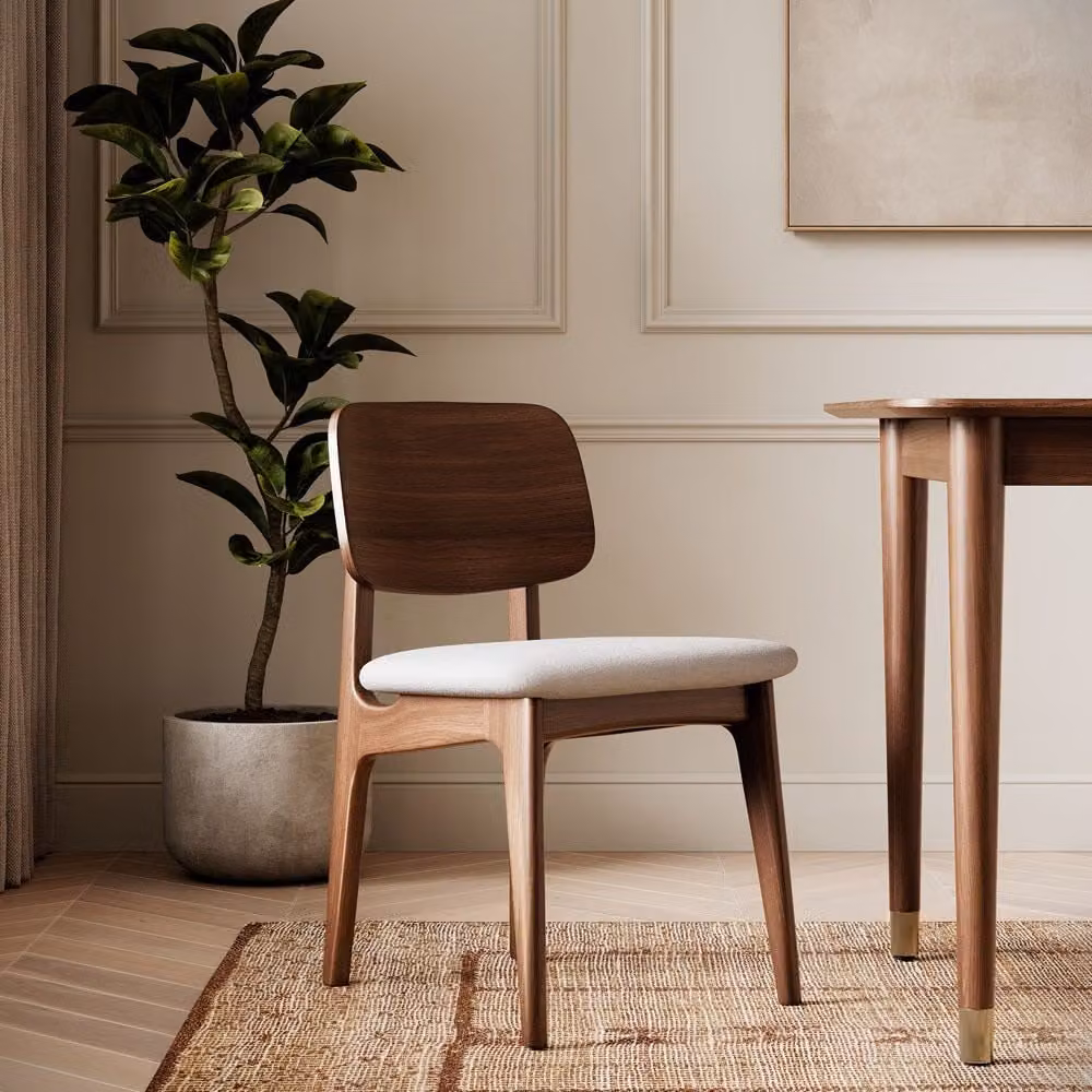 Atkin and Thyme Murray Mid-Century Dining Chairs in Walnut and Brown Fabric (Pair)
