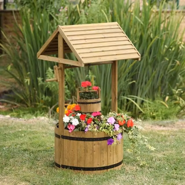 Garden Mile Large Wooden Wishing Well Planter in Black and Brown, 64 cm