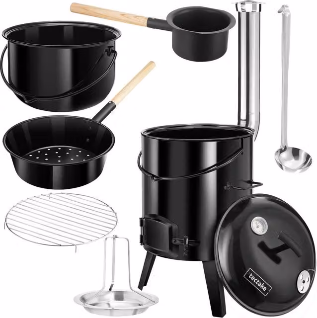 tectake Field Kitchen Rocket 17 L 5-in-1 Black Enamelled Steel Outdoor Cooking Station with Accessories and Thermometer W/D/H: 90.0 x 48.0 x 47.0 cm – 1