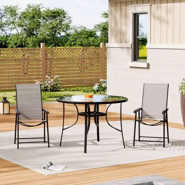Livingandhome Modern Round Glass Garden Table and 2 Chairs Set in Black and Transparent