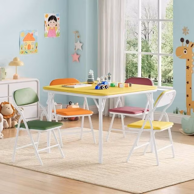 London Boutique 5-Piece Kids Folding Dining Table and 4 Upholstered Chairs Set in Multicolour