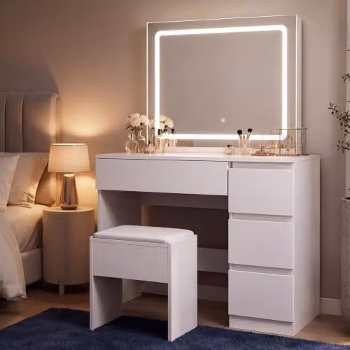 Kosy Koala Modern Dressing Table Set with Hollywood LED Mirror and Stool in White, W: 94 cm, D: 42 cm, H: 140 cm