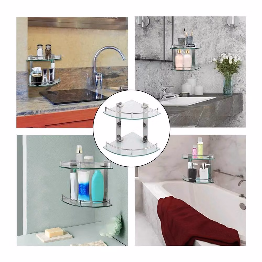 SPETLEK 2 Tier Wall Mounted Glass Bathroom Corner Shelf in Clear – 3