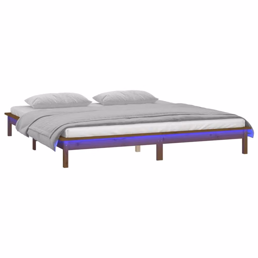 Berkfield Home Solid Wood LED Bed Frame in Honey Brown with Under-Bed Lighting and USB Charging Port, W: 140 cm, L: 200 cm – 3