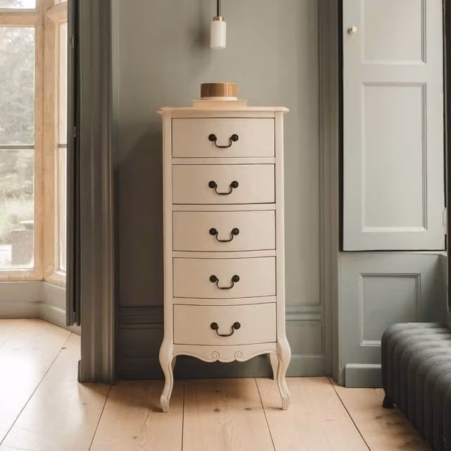 Statement Furniture Juliette Vintage Chic 5 Drawer Tallboy in Ivory White – 1