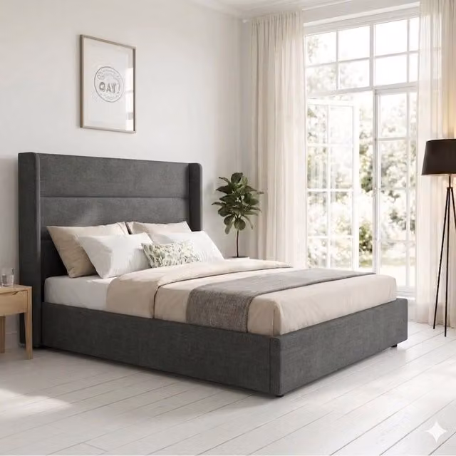 OAT Home Wilmslow Winged Headboard Upholstered Ottoman Storage Bed Frame in Anthracite Grey, W/D/H: 180 x 200 x 166 cm – 1