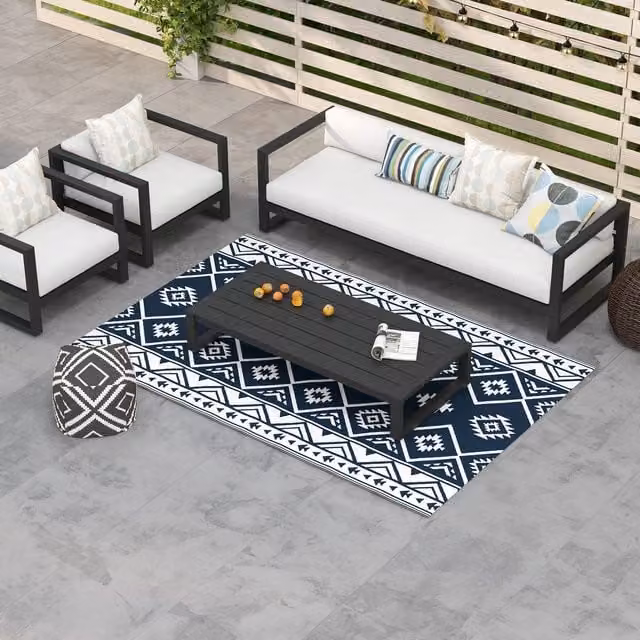 Outsunny Reversible Blue Ethnic Boho Rectangular Outdoor RV Garden Rug made from Polypropylene