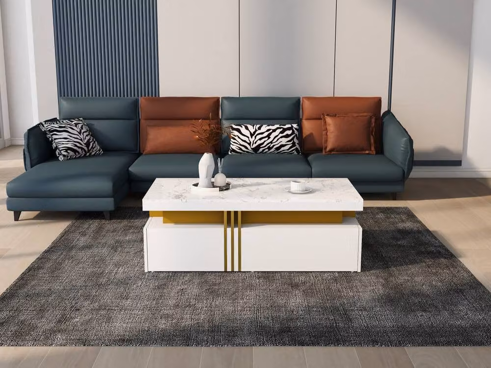 ModernLuxe Modern Rectangular Coffee Table with Marble Top and 2 Drawers in White, W/D/H: 50.0 x 40.0 x 40.0 cm – 5