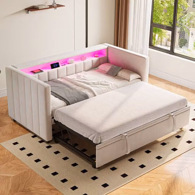 BTM Single Pull-Out Velvet Daybed with Storage, LED Lighting and USB-C Port, Beige, W/D/H: 190 x 90 x 73 cm