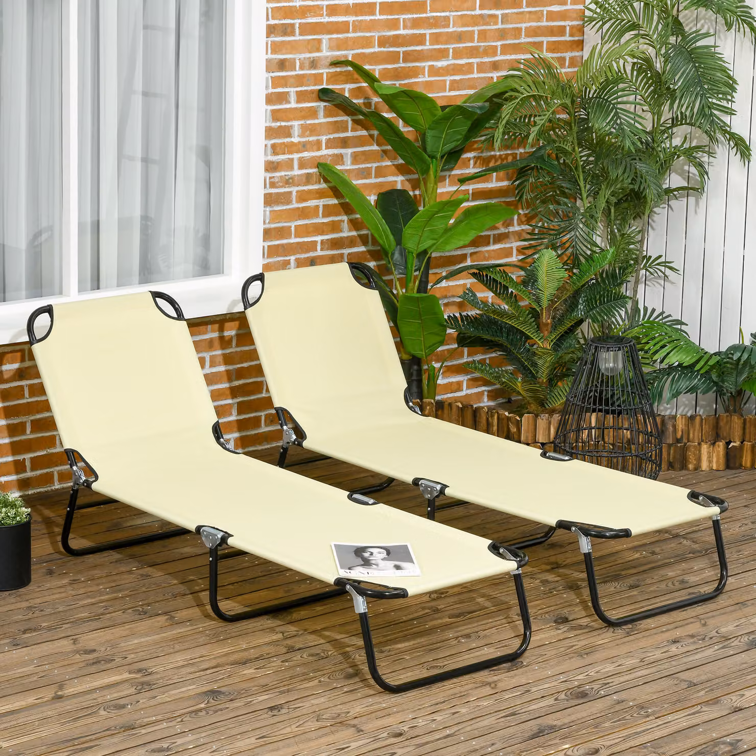 Outsunny Set of Two Beige Textilene Folding Sun Loungers with Powder Coated Steel Frames – 2