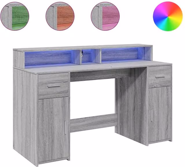 Berkfield Home Gaming Desk with LED Lights in Grey Sonoma, W/D/H: 140 x 55 x 91 cm