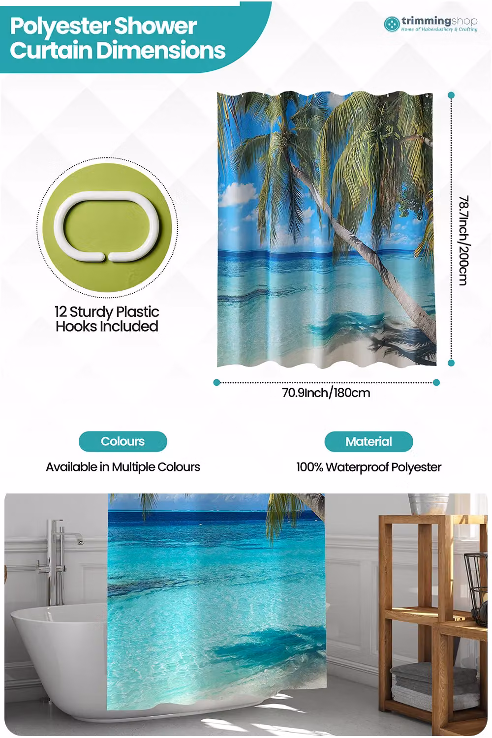 Neel Blue Beach Themed Water Resistant Polyester Shower Curtain with Hooks, Multicolour, W: 180 cm, H: 180 cm – 2