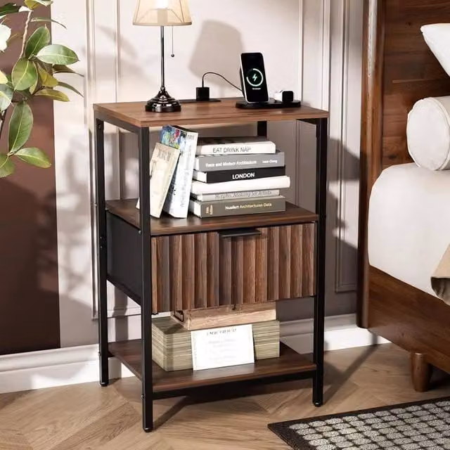 KORVIXA Bedside Table with 1 Drawer and Charging Station in Walnut Brown, W/D/H: 100 x 100 x 100 cm – 1