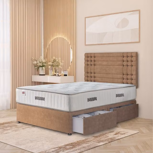 Somnior Beds Ltd Saville Plush Velvet Divan Bed Set with Headboard and 4 Drawers, Beige, W/D/H: 120 x 200 cm