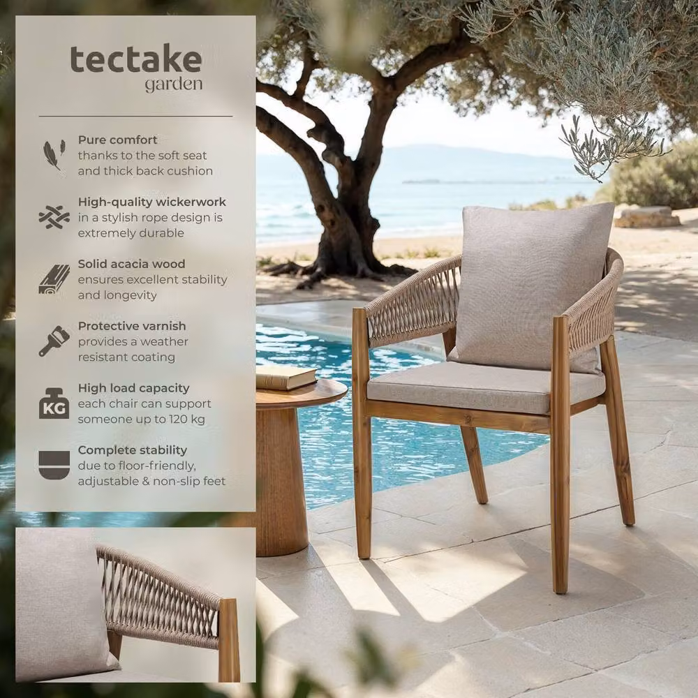 tectake Manacor Garden Chair in Sand with Fabric Cushions and Armrests – 2