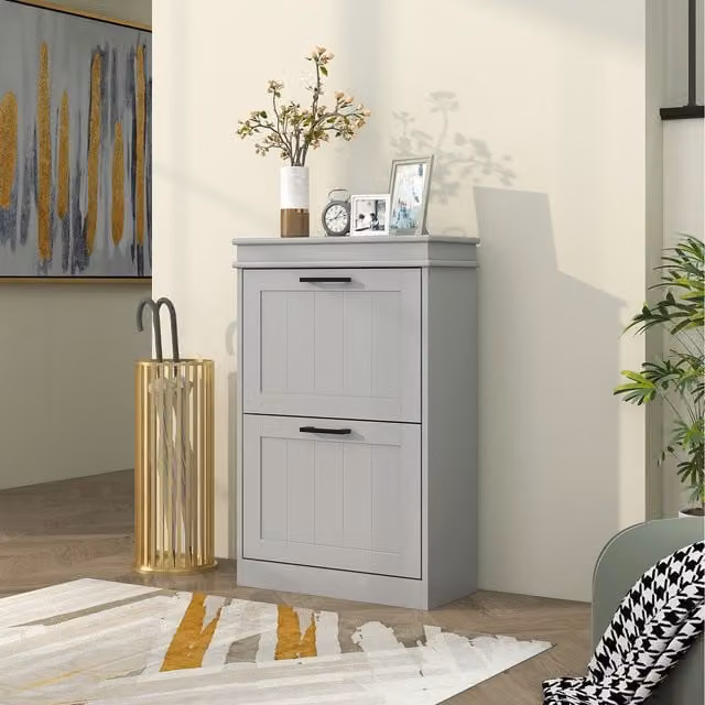 HOMCOM Narrow Grey Minimalist Shoe Cabinet with Tilting Compartments and Internal Shelves