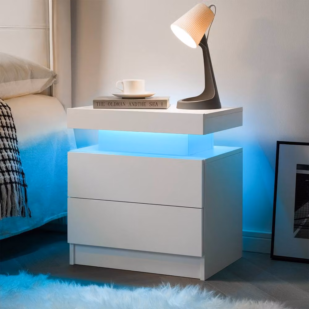 Matteo Modern LED Bedside Table with 2 Drawers in White – 2