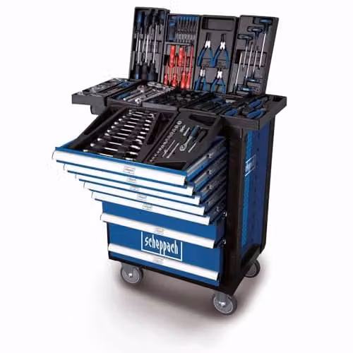 Scheppach TW1000 Workshop Trolley, 7-Drawer Heavy-Duty Steel Tool Chest with 263-Piece Tool Kit, Lockable and Rollable, Blue or Black – 1