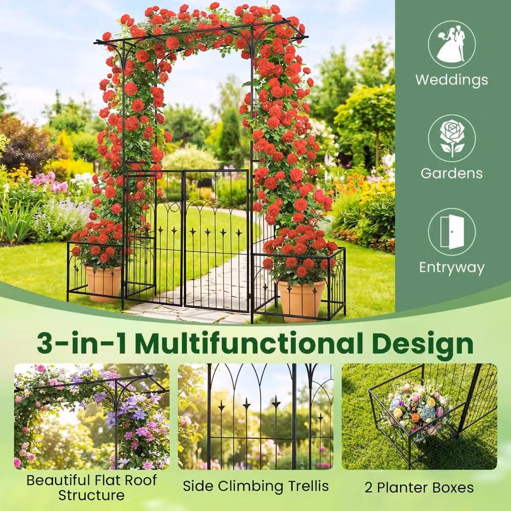 Gymax Metal Garden Wedding Arch with Gate, Planter Boxes and Side Plant Trellis in Black – 4