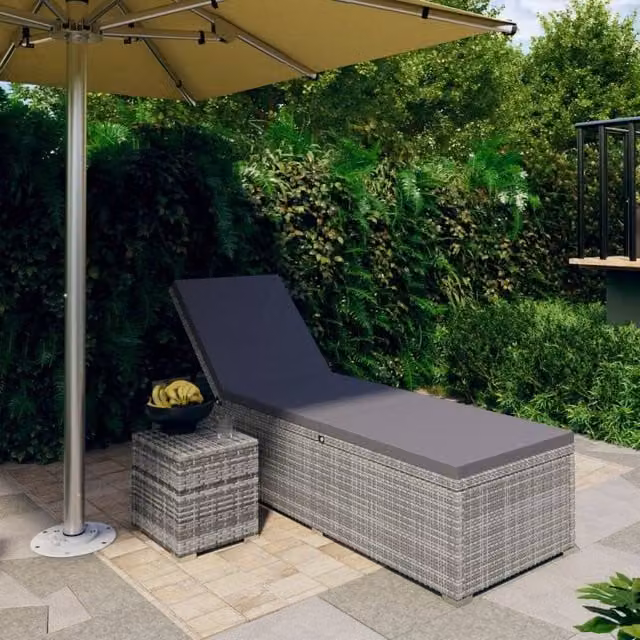 Berkfield Home Grey Poly Rattan Sun Lounger with Weatherproof Cushion and Tea Table – 1