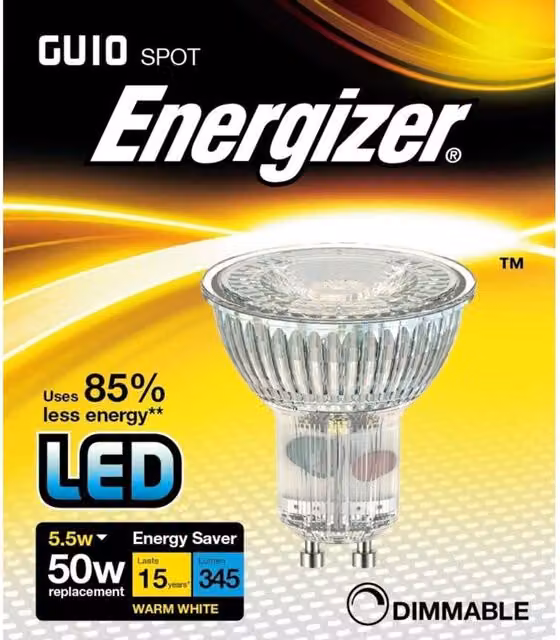 Energizer LED GU10 5.5W 350lm Warm White Dimmable Light Bulb, Silver