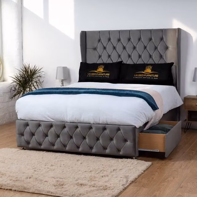 Luxor Living Luxor Wingback Divan Bed with 54 Inch Headboard and 2 Foot End Drawers in Grey Velvet, W/D/H: 120 x 200 x 137.16 cm – 1