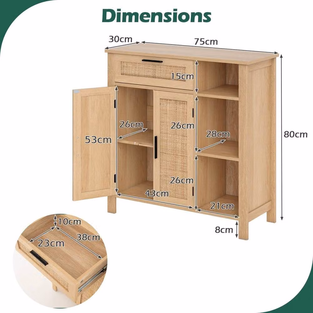 KORVIXA Brown Wood and Rattan Kitchen Buffet Sideboard Storage Cabinet – 2