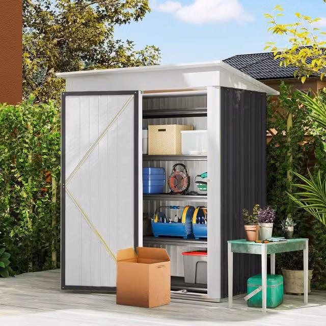 Outsunny Steel Lean-to Garden Storage Shed with Lock and Shelving, Dark Grey, H: 181.0 cm x W: 95.0 cm x D: 38.5 cm